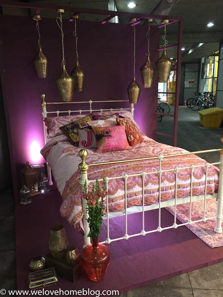 This was taken in the car park at Marks + Spencer's head office to welcome stylists into the press preview show. This bed linen was just beautiful to touch - heavily embroidered in rich cottons. I also love the brass lanterns and light fittings - such a neat idea. I just want to dive in - don't you?