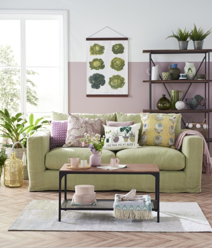 Embrace biggest Spring Summer interior trend for 2018 - botanical prints mixed together rustic woods, lavender and spring green tones as seen in Good Homes magazine. By Lifestyle Blogger & Interior Stylist Maxine Brady