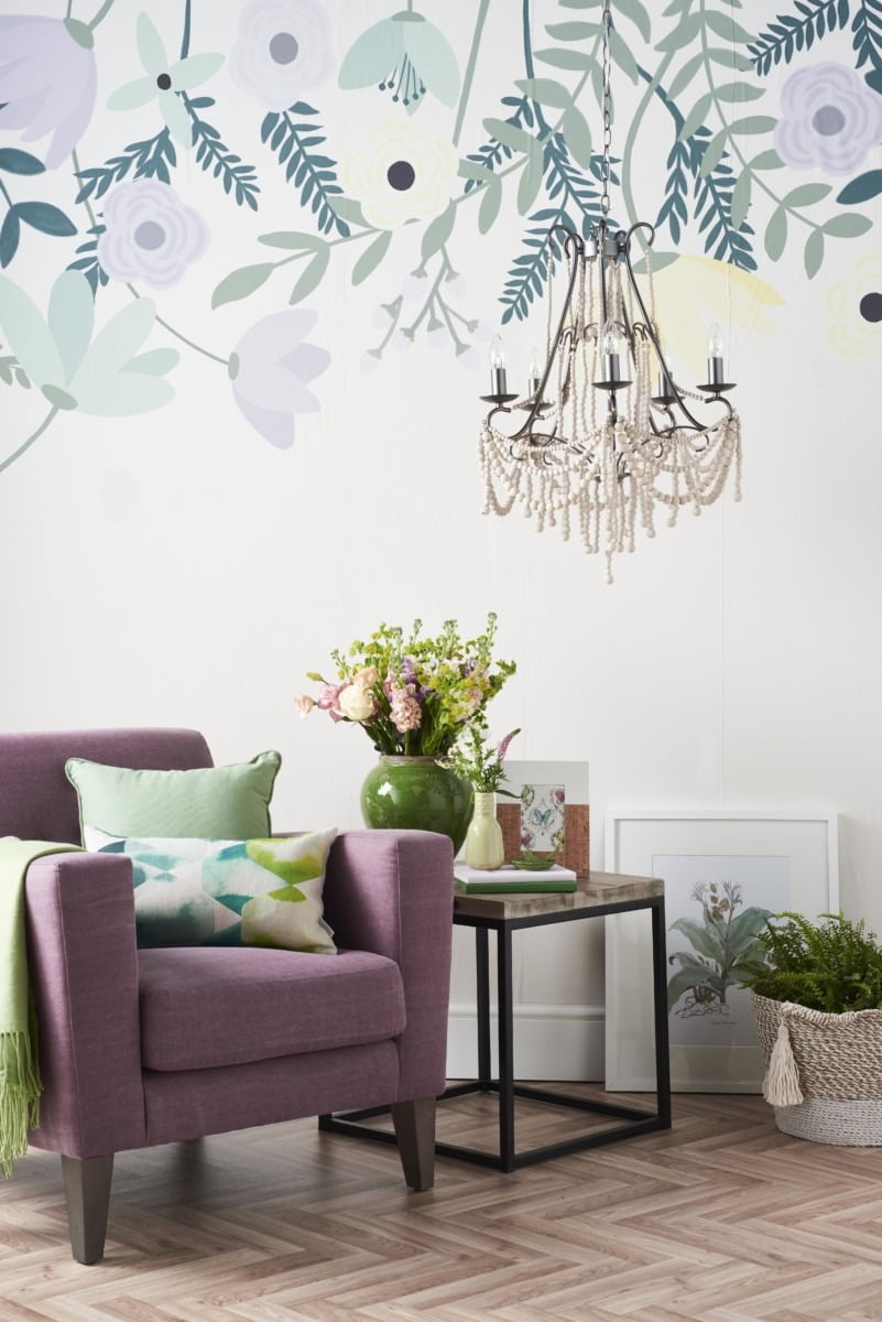 Embrace biggest Spring Summer interior trend for 2018 - botanical prints mixed together rustic woods, lavender and spring green tones as seen in Good Homes magazine. By Lifestyle Blogger & Interior Stylist Maxine Brady