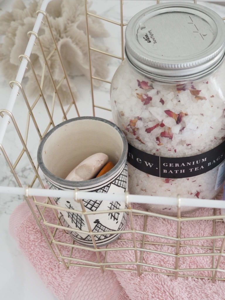 Top tips on how to kick start your day by interior stylist Maxine Brady from We Love Home blog. Pink bathroom accessories. Salt scrub.