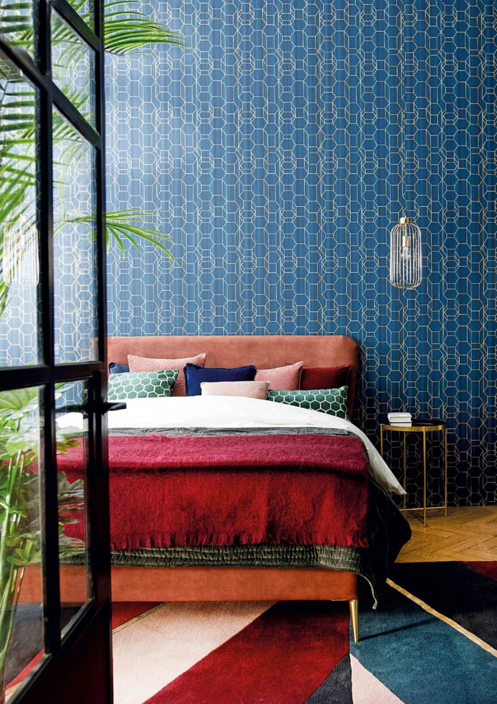 How to choose the perfect interior colour scheme for your home by interior stylist Maxine Brady from welovehomeblog.com
red and blue bedroom with feature wallpaper and pendant lighting and pink blush velvet bed