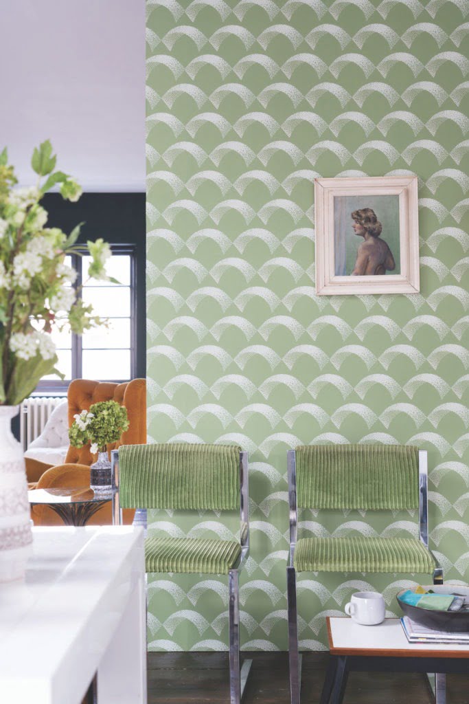 Tips on how to pick the perfect interior colour scheme. green dining room with Farrow & ball art deco wallpaper