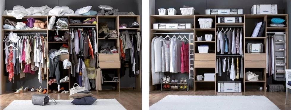 Before and after of a wardrobe with lots of stylish storage ideas for a neat and tidy home.