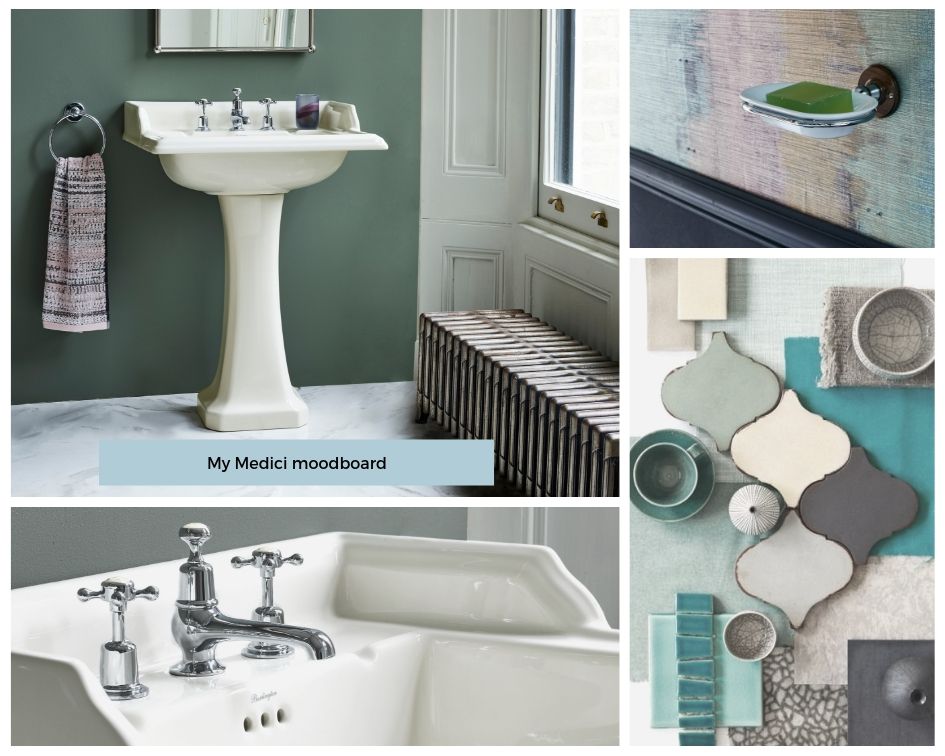 Looking for bathroom inspiration? Interior Stylist Maxine Brady shares 3 modern ivory bathroom looks that you can try out in your home.
Bathroom mood board with ivory, green, sage and wallpaper and tiles.