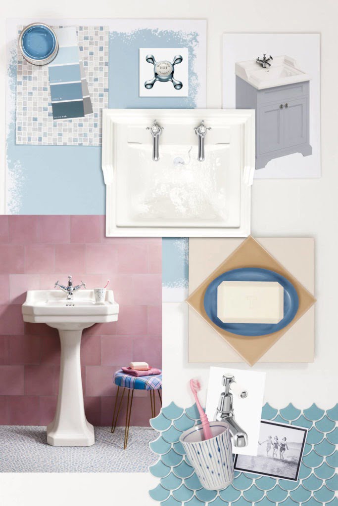 Looking for bathroom inspiration? Interior Stylist Maxine Brady shares 3 modern ivory bathroom looks that you can try out in your home. Blue and pink and grey bathroom with chrome fittings and mosaic tiles and a vanity unit.