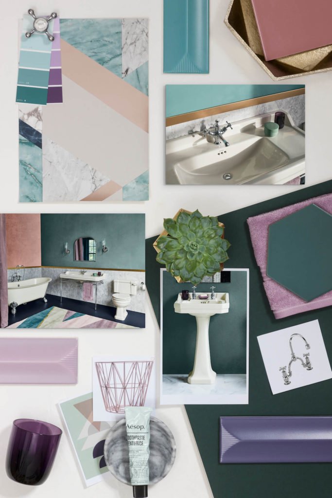 Looking for bathroom inspiration? Interior Stylist Maxine Brady shares 3 modern ivory bathroom looks that you can try out in your home.  Purple bathroom with  marble, geometric tiles, copper accessories and green walls