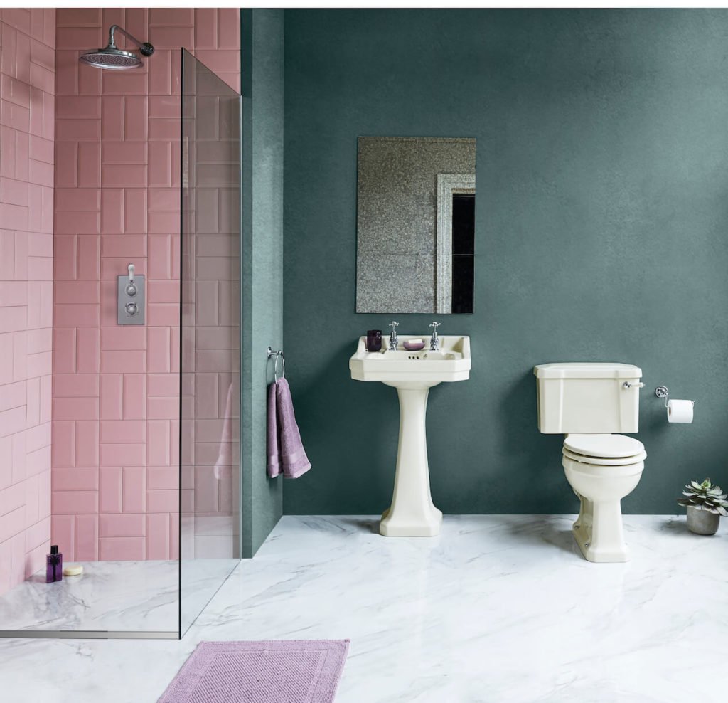You'll Love These 3 ivory bathroom looks. Pink bathroom with teal walls and an ivory suite and chrome fittings.