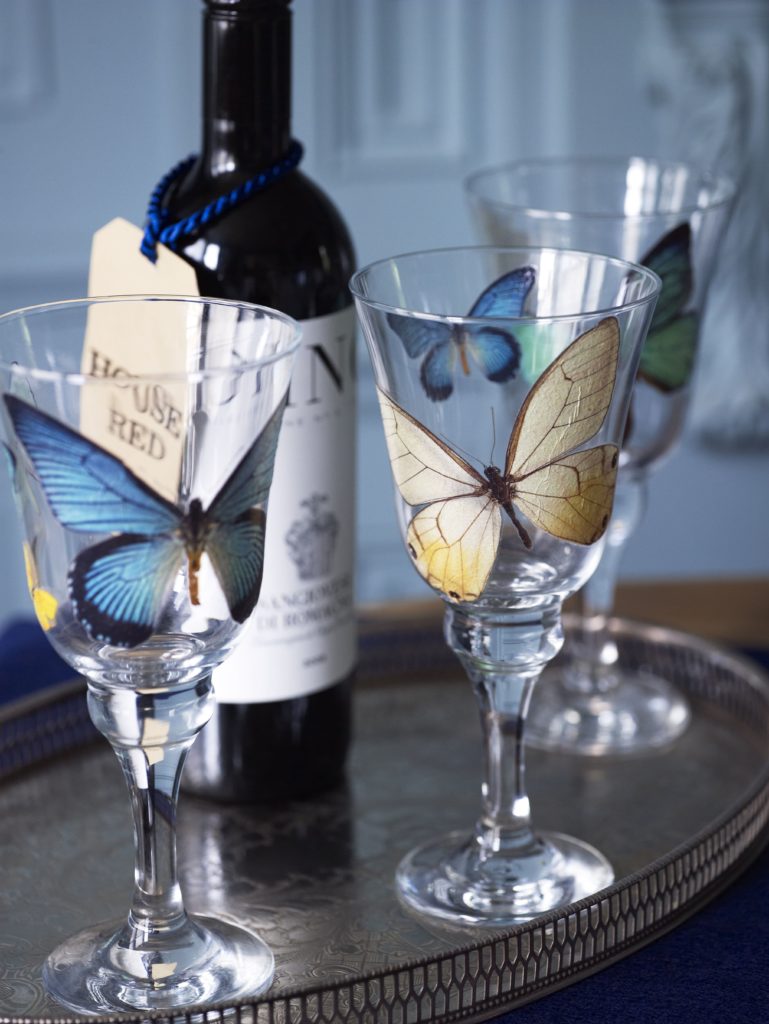 handmade butterfly craft glasses wedding, party, wine, event by Interior Stylist Maxine Brady