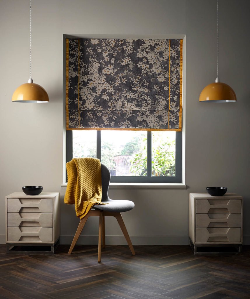 Fabric blind with mustard yellow trim in bedoroom