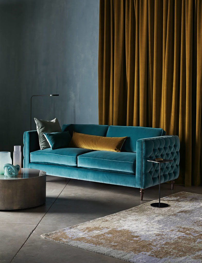 Discover 4 stylish ways to dress your windows this winter with the help of Interior Stylist Maxine Brady and Couture Living. Mustard velvet curtains and teal sofa