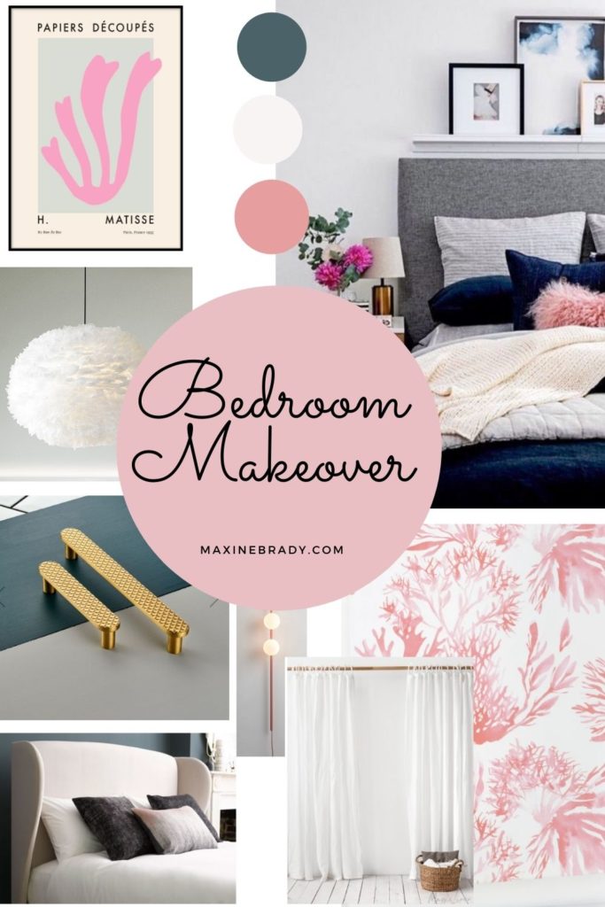 Be the first to see the plans for my bedroom makeover- (hint it has a coral wallpaper!) Blue and pink bedroom makeover mood board