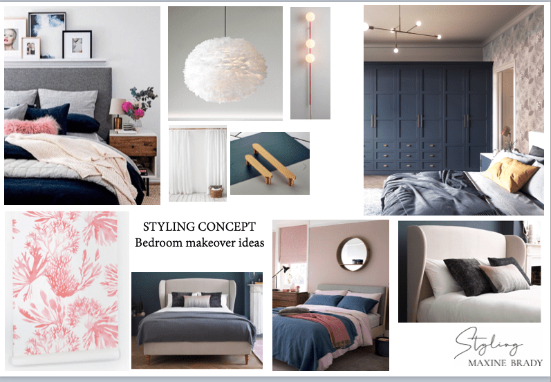 Be the first to see the plans for my bedroom makeover- (hint it has a coral wallpaper!)  Blue & pink bedroom makeover mood board