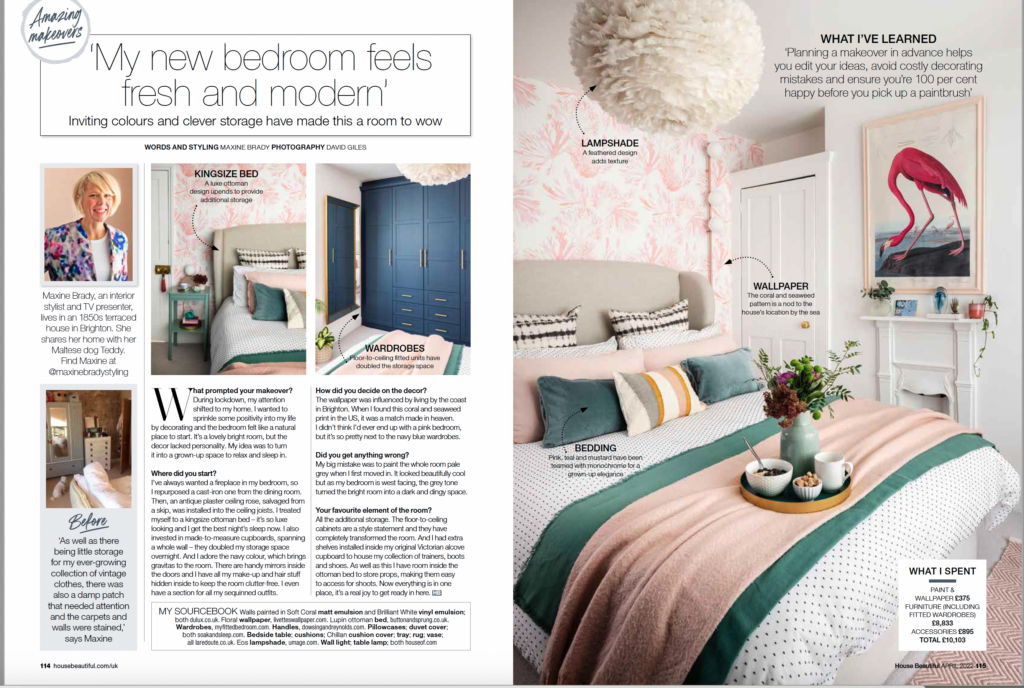 Check out Interior Stylist Maxine Brady in House Beautiful magazine with pink bedroom makeover. 