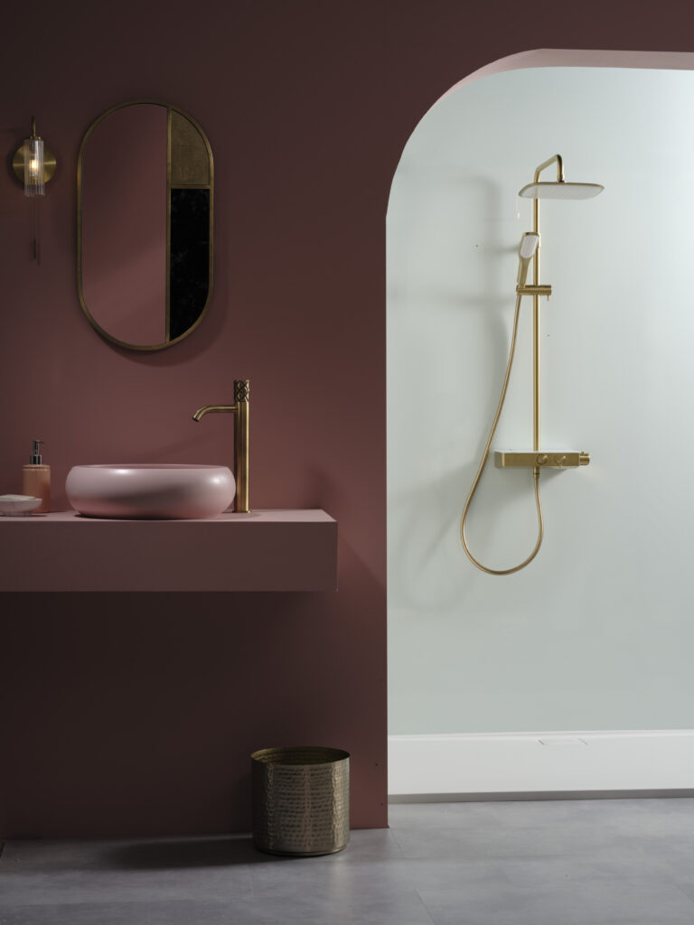 Brushed Brass Tapware  Bathroom feature wall, Bathroom interior, Bathroom  inspiration