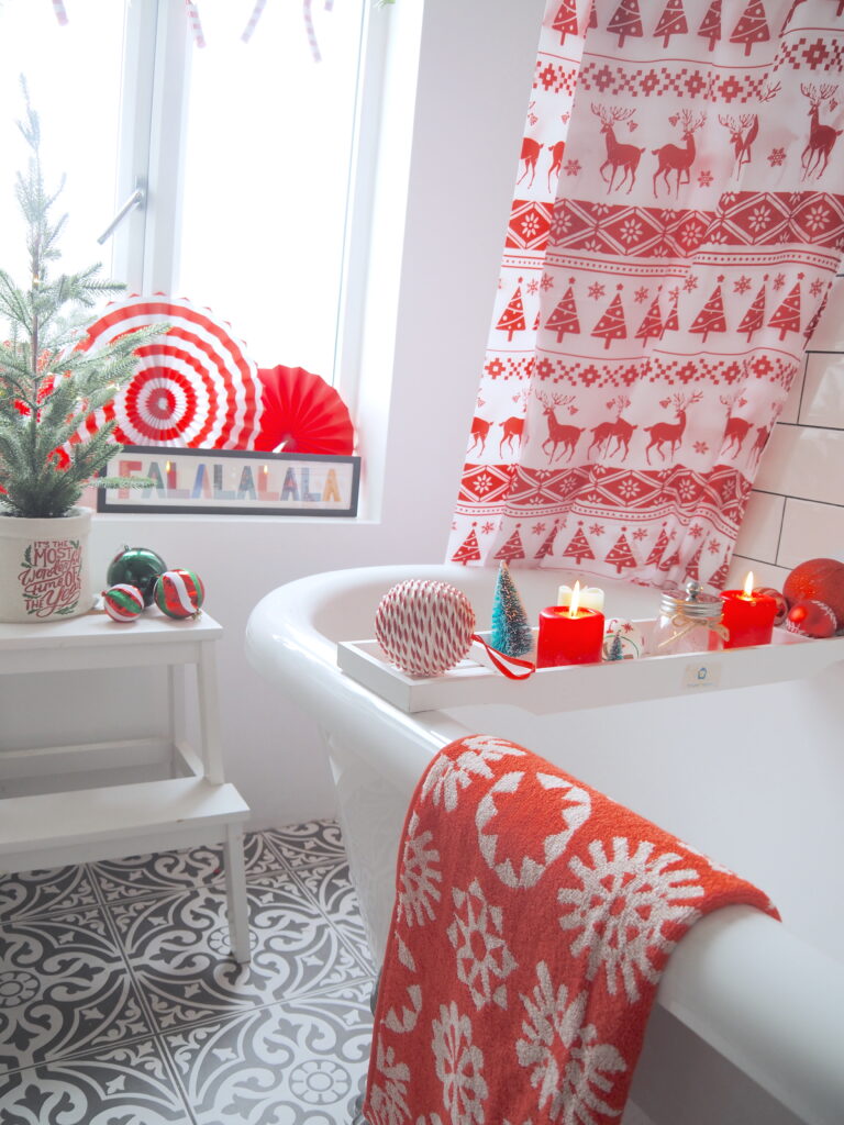 Christmas bathroom styling ideas, red and white christmas bathroom, christmas decorations, christmas bath mat, christmas shower curtain, festive bathroom, christmas towes with Triton Showers bathroom competition 