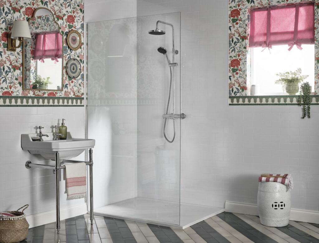 2023 bathroom trends to update your home with pink walls, curves and bathroom design and bathroom ideas with bathroom layout ideas and bathroom inspiration - bathroom wallpaper ideas, tiled flooring, country styling to create a stylish space