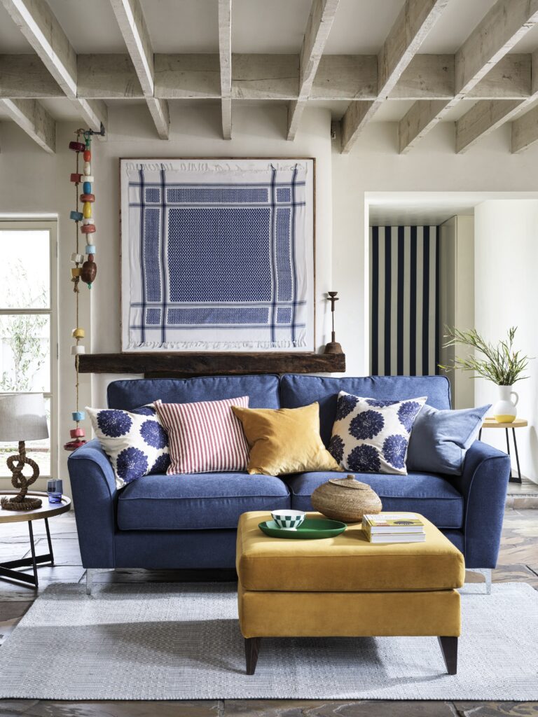 HOW TO DECORATE WITH COLOUR – 3 GOLDEN RULES blue living room, modern living room ideas, blue sofa, bleu adn yellow rooms, living room design