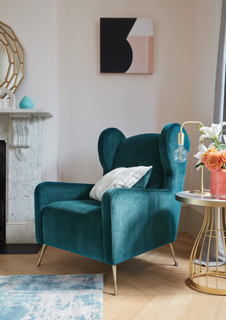 HOW TO DECORATE WITH COLOUR – 3 GOLDEN RULES teal chair, statement armchair, living room design, living room ideas