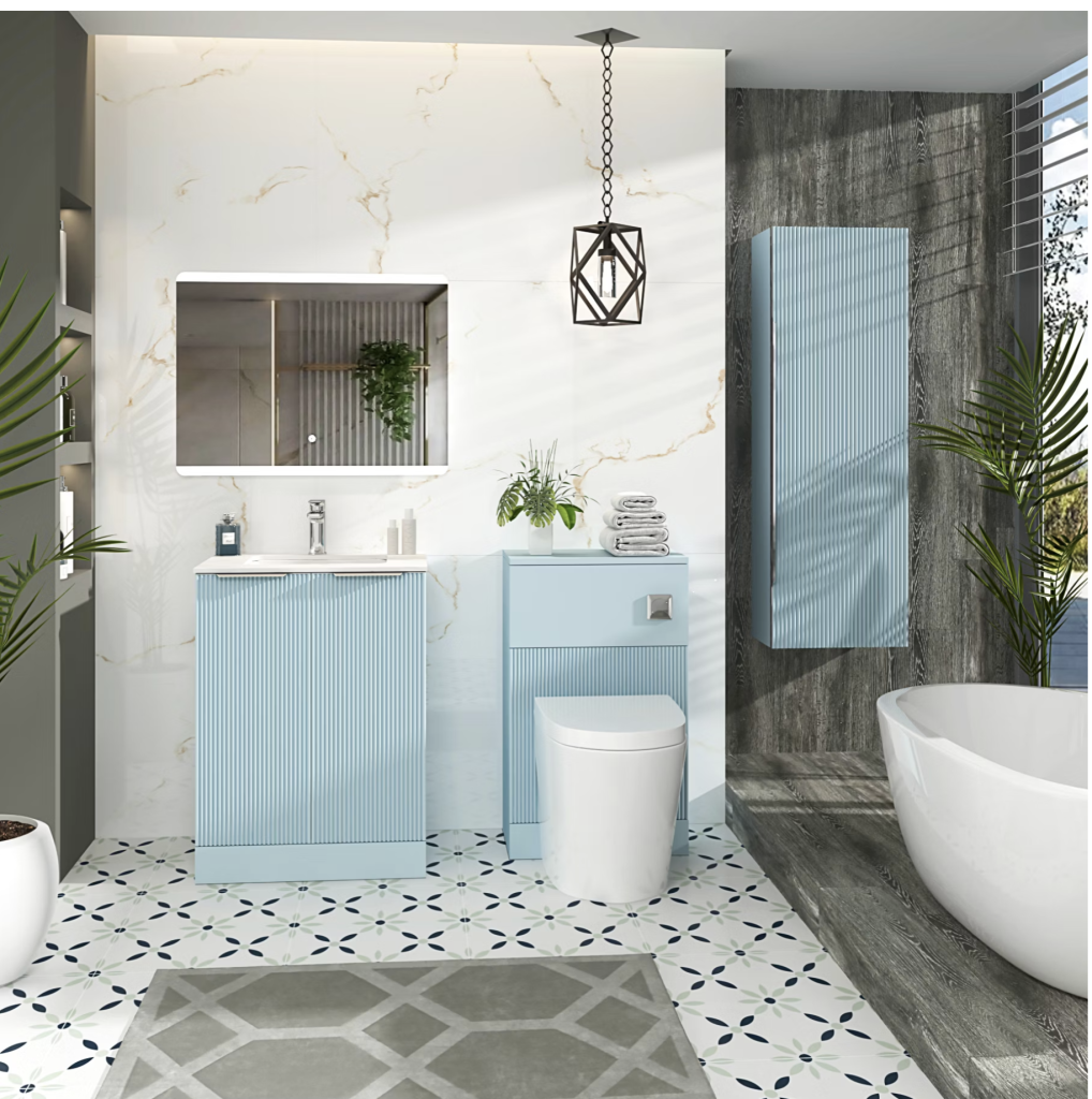 Choosing the right bathroom furniture can be tricky because what works for one bathroom design might not suit another. Follow my 6 expert steps, and you'll turn your bathroom from disorganised to sleek in no time.

blue bathroom, patterned tiles, bathroom lighting
