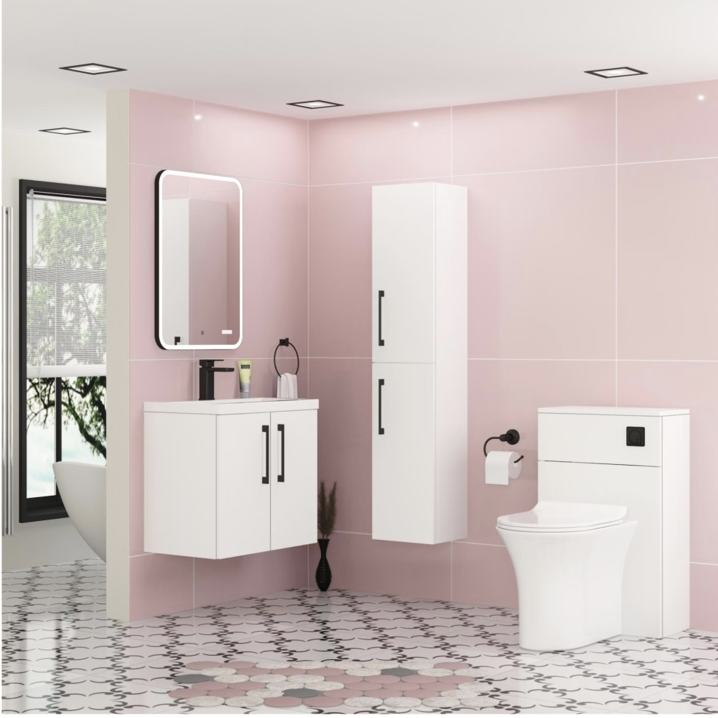 Choosing the right bathroom furniture can be tricky because what works for one bathroom design might not suit another. Follow my 6 expert steps, and you'll turn your bathroom from disorganised to sleek in no time. pink bathroom, patterned tiles