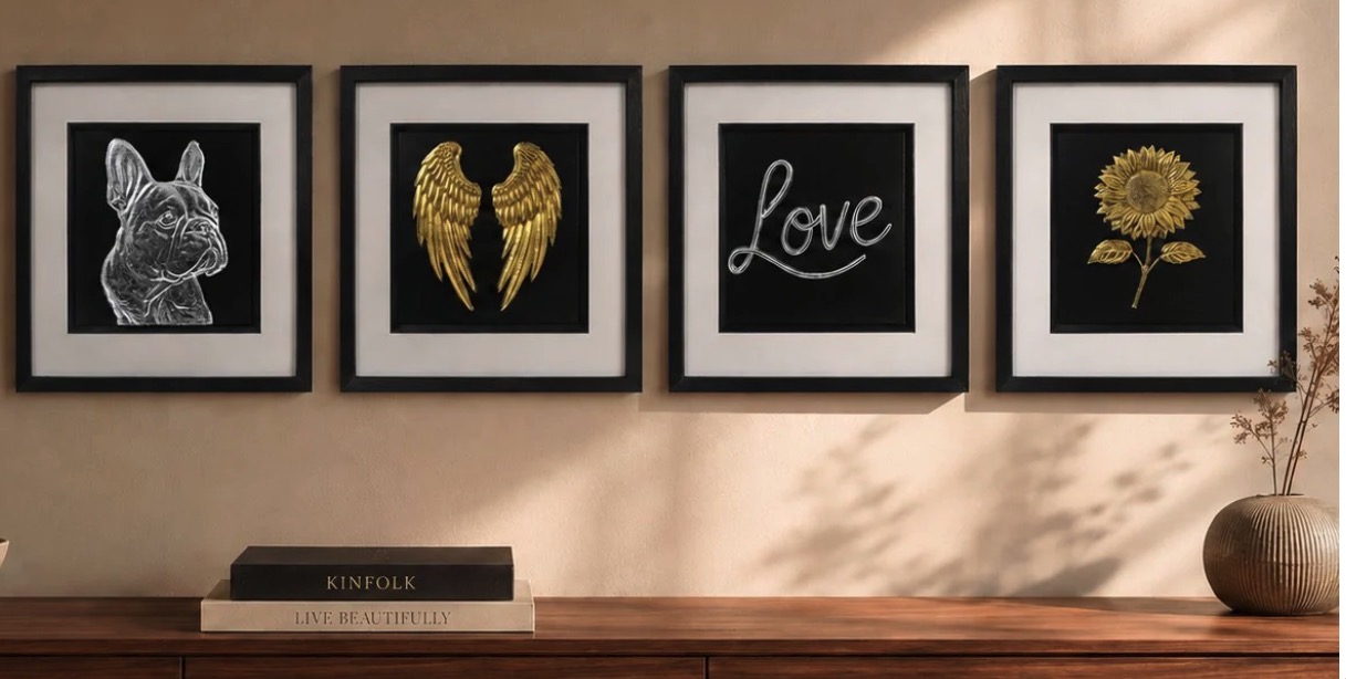 How to choose wall art for your home: A curated gallery wall of JP Designs framed wall art featuring dog, angel wings, love and sunflower designs