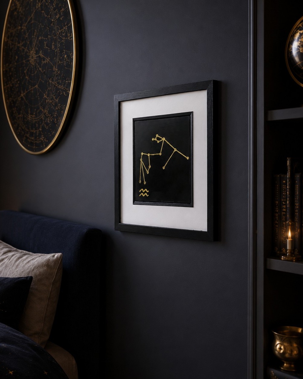 How to choose wall art for your home: Aquarius zodiac constellation wall art in gold leaf styled in a dark moody bedroom