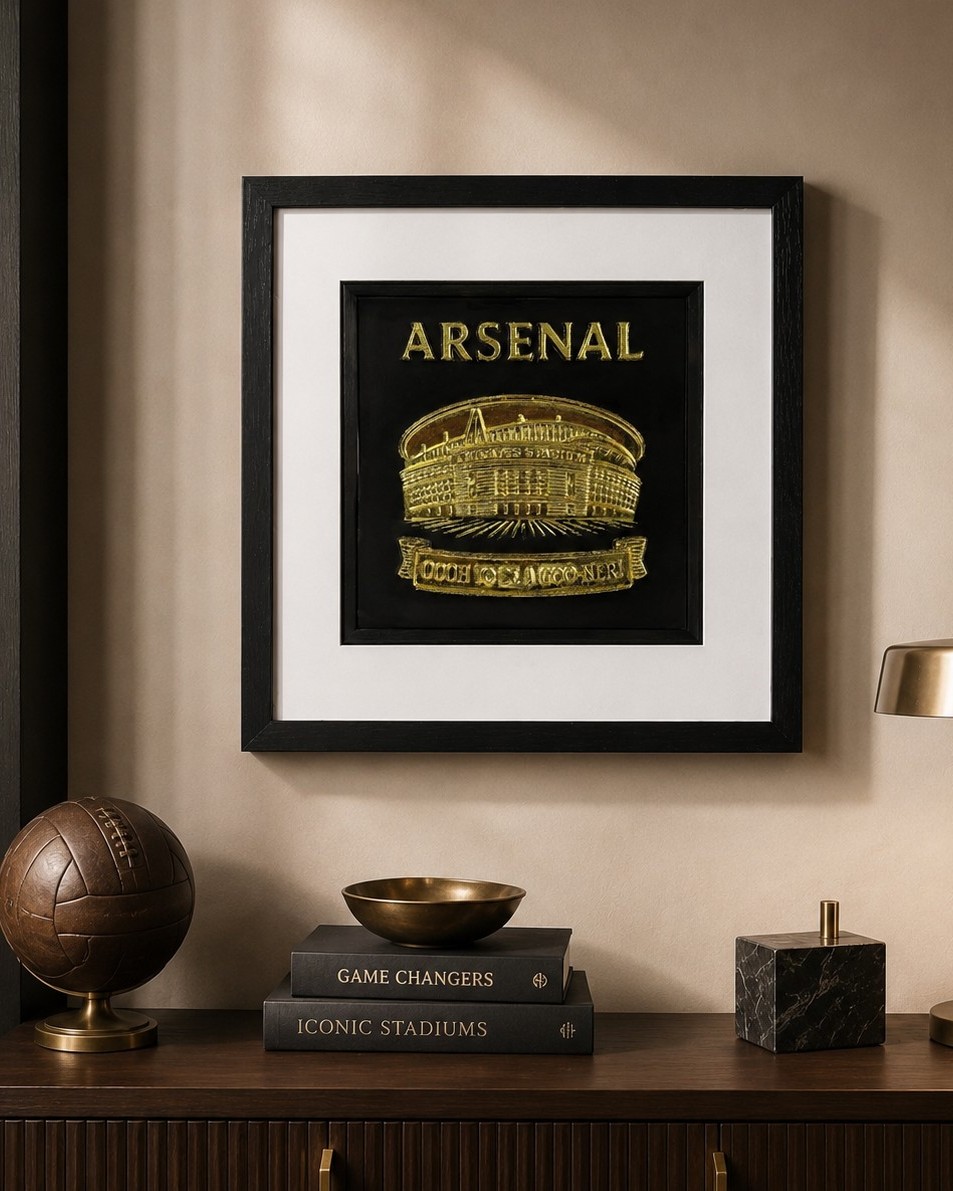 How to choose wall art for your home:. Arsenal stadium wall art in gold leaf styled in a masculine home interior