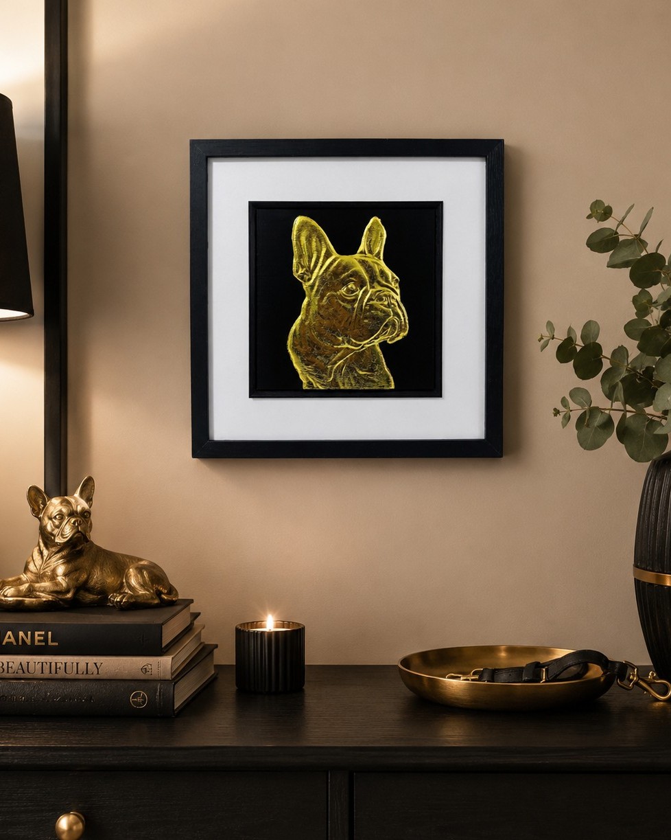 How to choose wall art for your home:. French Bulldog wall art in gold leaf styled on a console table in a warm modern interior