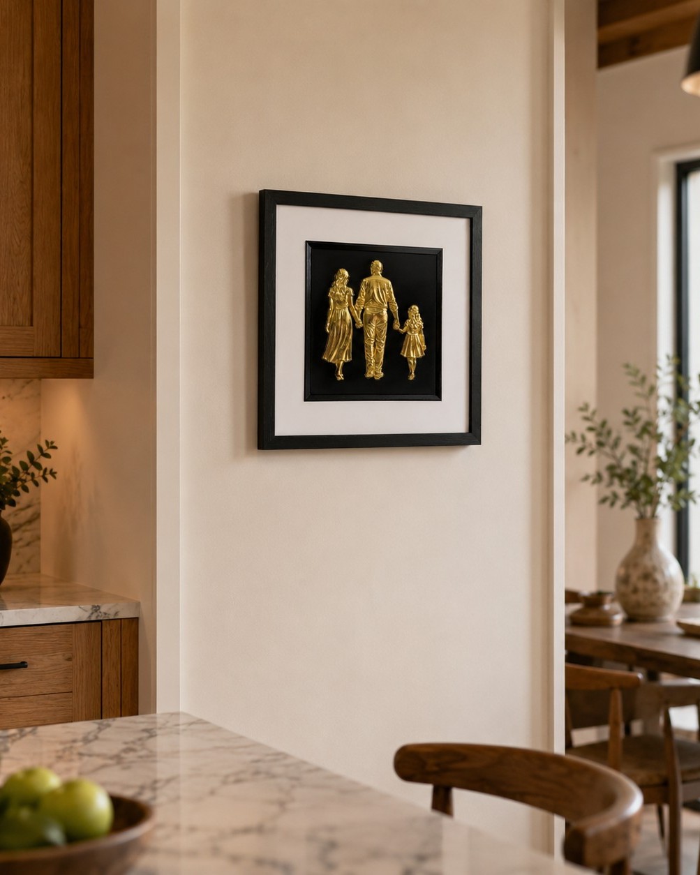 How to choose wall art for your home:. Personalised family silhouette wall art in a black frame styled in a soft neutral home interior